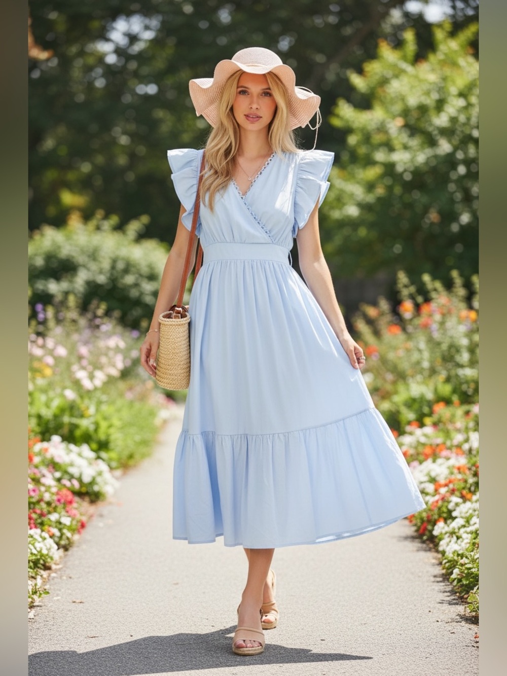 185 • Linen Light Blue Ruffle Sleeve Midi Dress